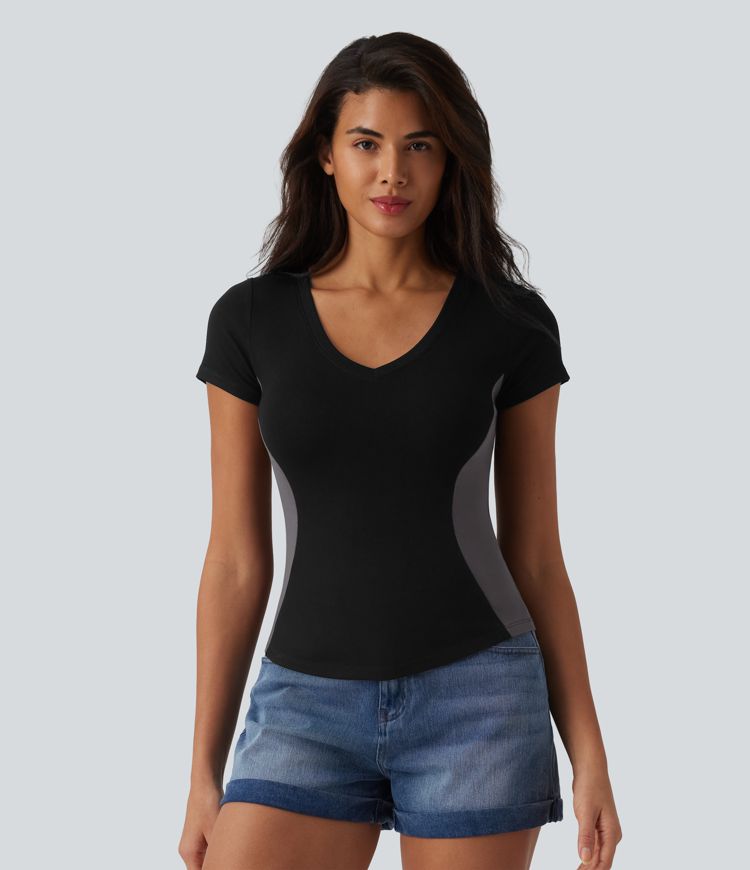 Ribbed Knit V-neck Short Sleeve Color Block Ultra-slim Casual T-Shirt