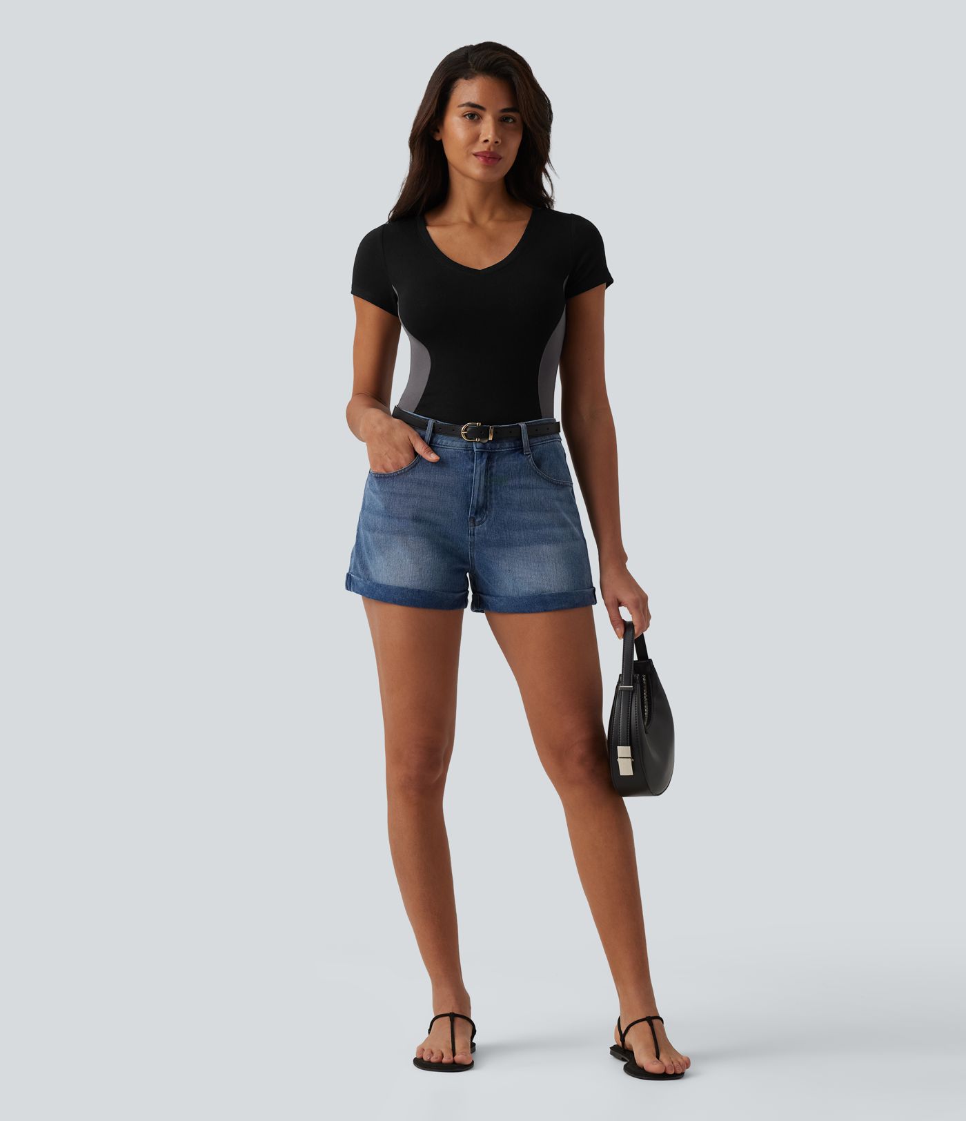 Ribbed Knit V-neck Short Sleeve Color Block Ultra-slim Casual T-Shirt