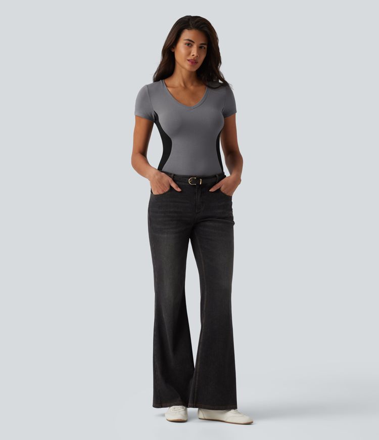 Ribbed Knit V-neck Short Sleeve Color Block Ultra-slim Casual T-Shirt