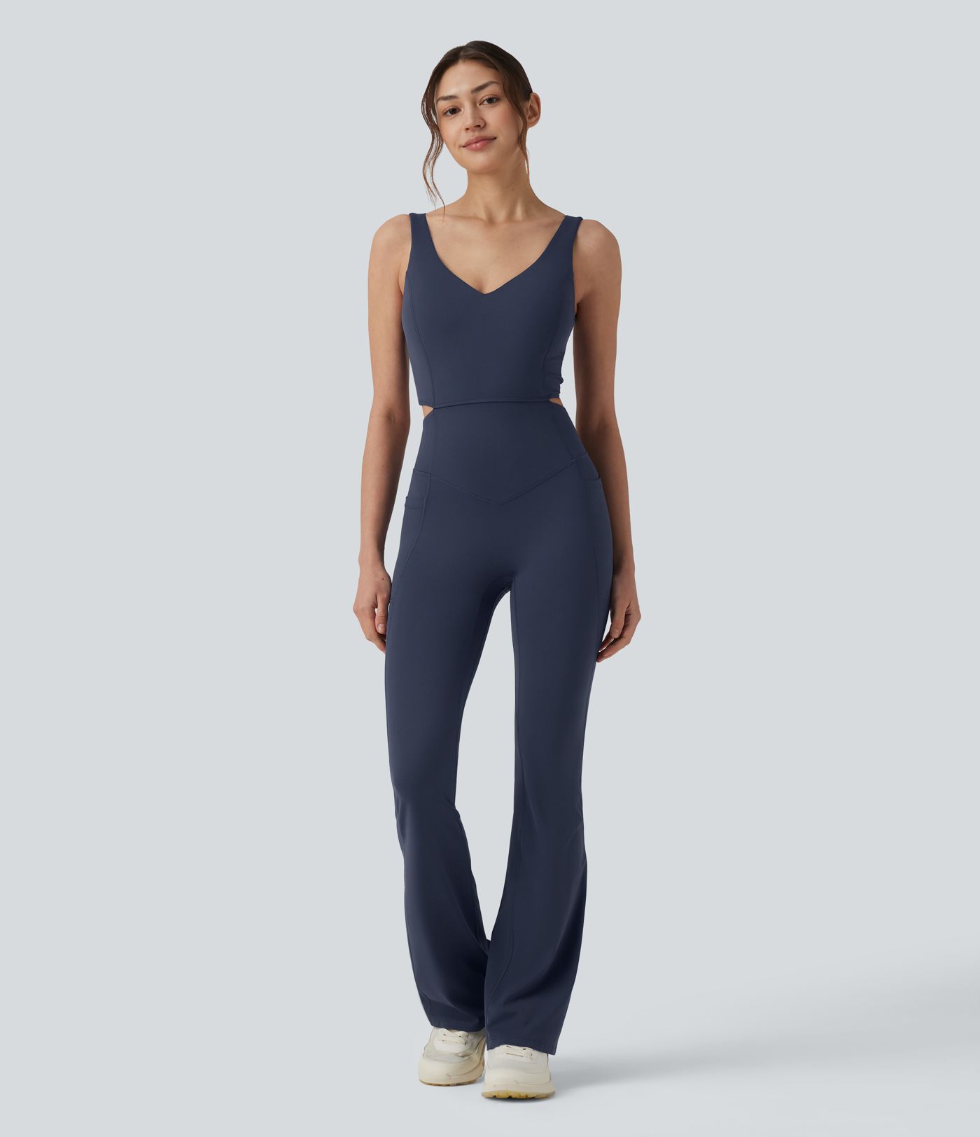 Halara UltraSculpt™ Non-removable pad Tummy Control Flare Workout Jumpsuit with Pockets-Easy Peezy Edition