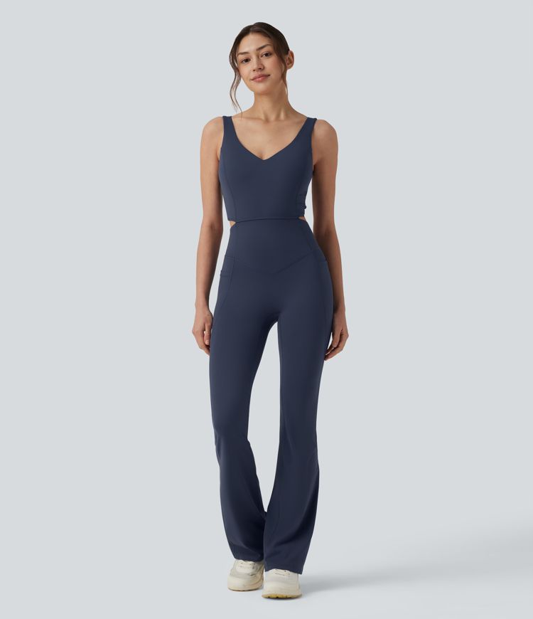 Halara UltraSculpt™ Non-removable pad Tummy Control Flare Workout Jumpsuit with Pockets-Easy Peezy Edition