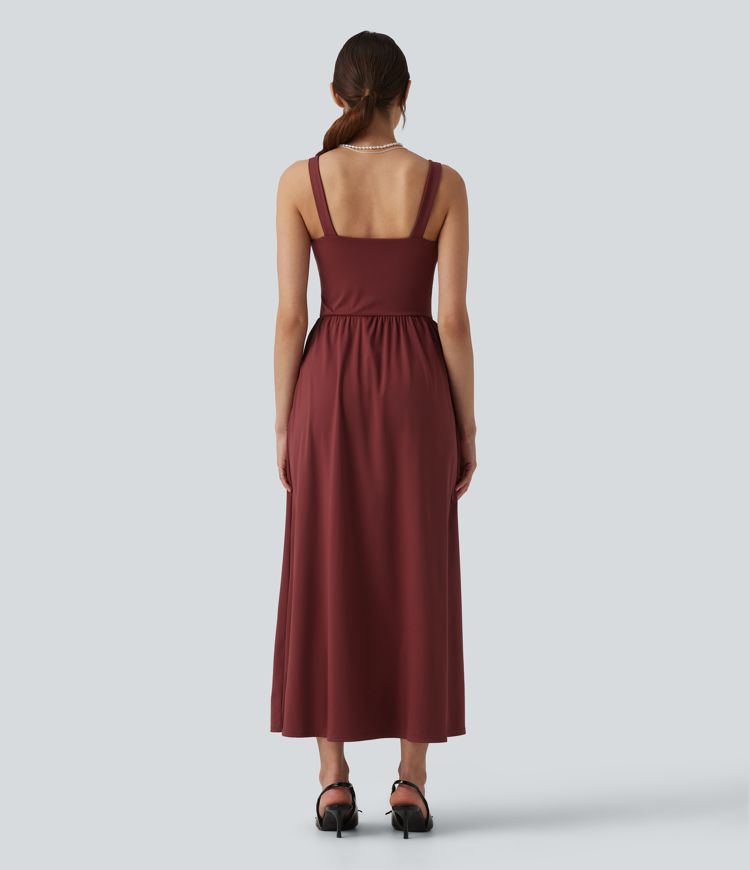 SoftlyZero™ Airy V-neck Twisted Sleeveless Split Midi Non-Removable Pad Cool Touch Party Dress with Pockets