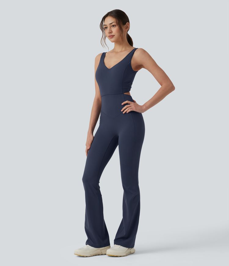 Halara UltraSculpt™ Non-removable pad Tummy Control Flare Workout Jumpsuit with Pockets-Easy Peezy Edition
