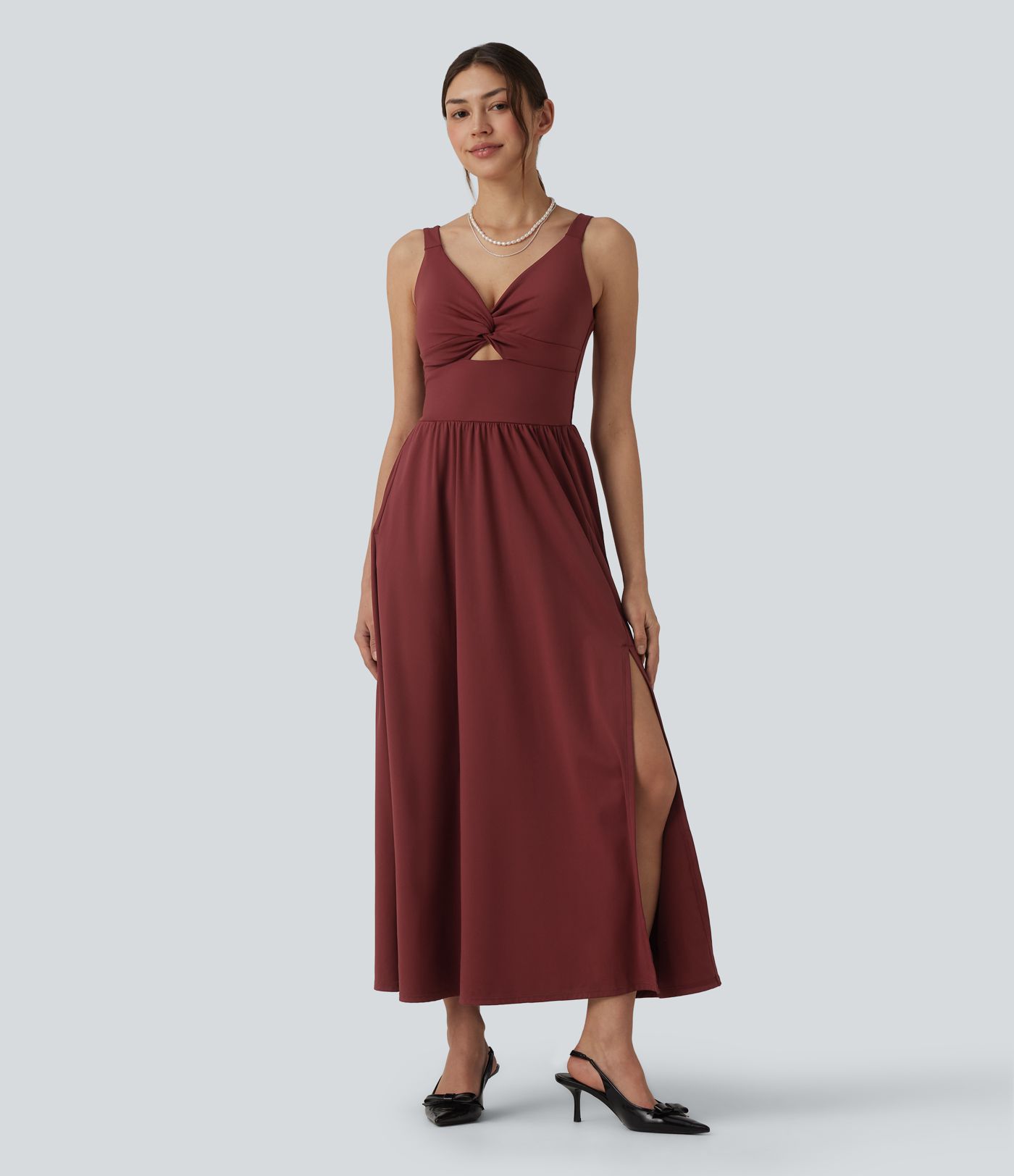 SoftlyZero™ Airy V-neck Twisted Sleeveless Split Midi Non-Removable Pad Cool Touch Party Dress with Pockets