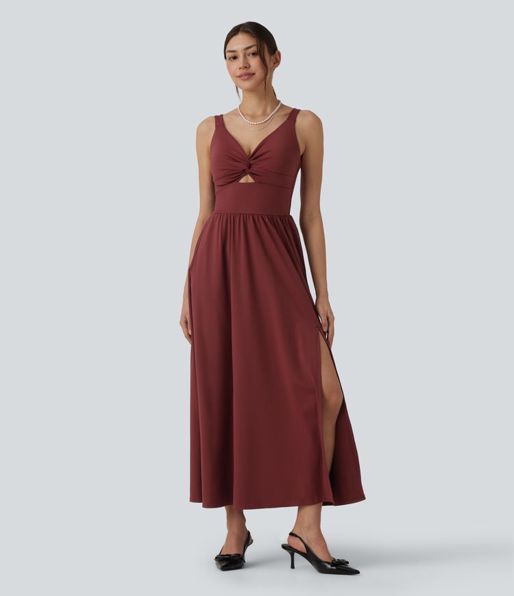 SoftlyZero™ Airy V-neck Twisted Sleeveless Split Midi Non-Removable Pad Cool Touch Party Dress with Pockets