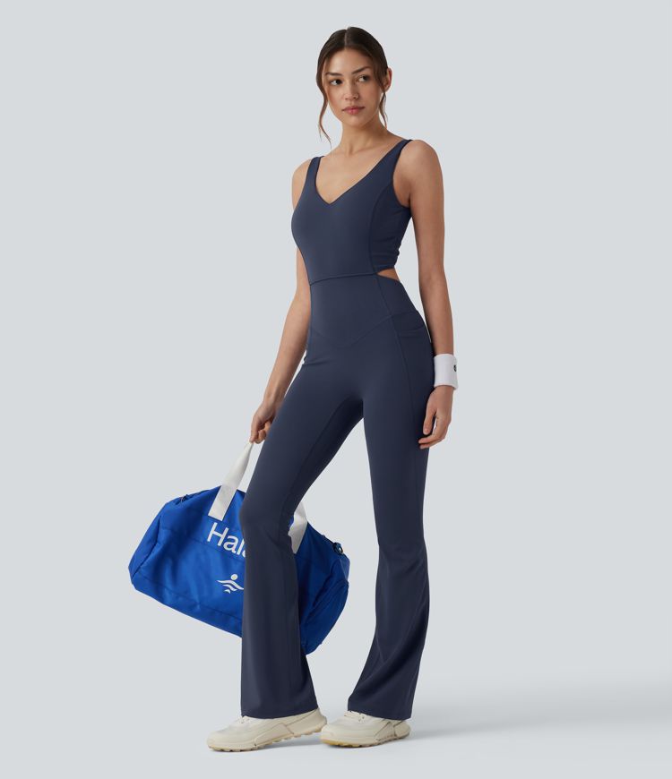 Halara UltraSculpt™ Non-removable pad Tummy Control Flare Workout Jumpsuit with Pockets-Easy Peezy Edition