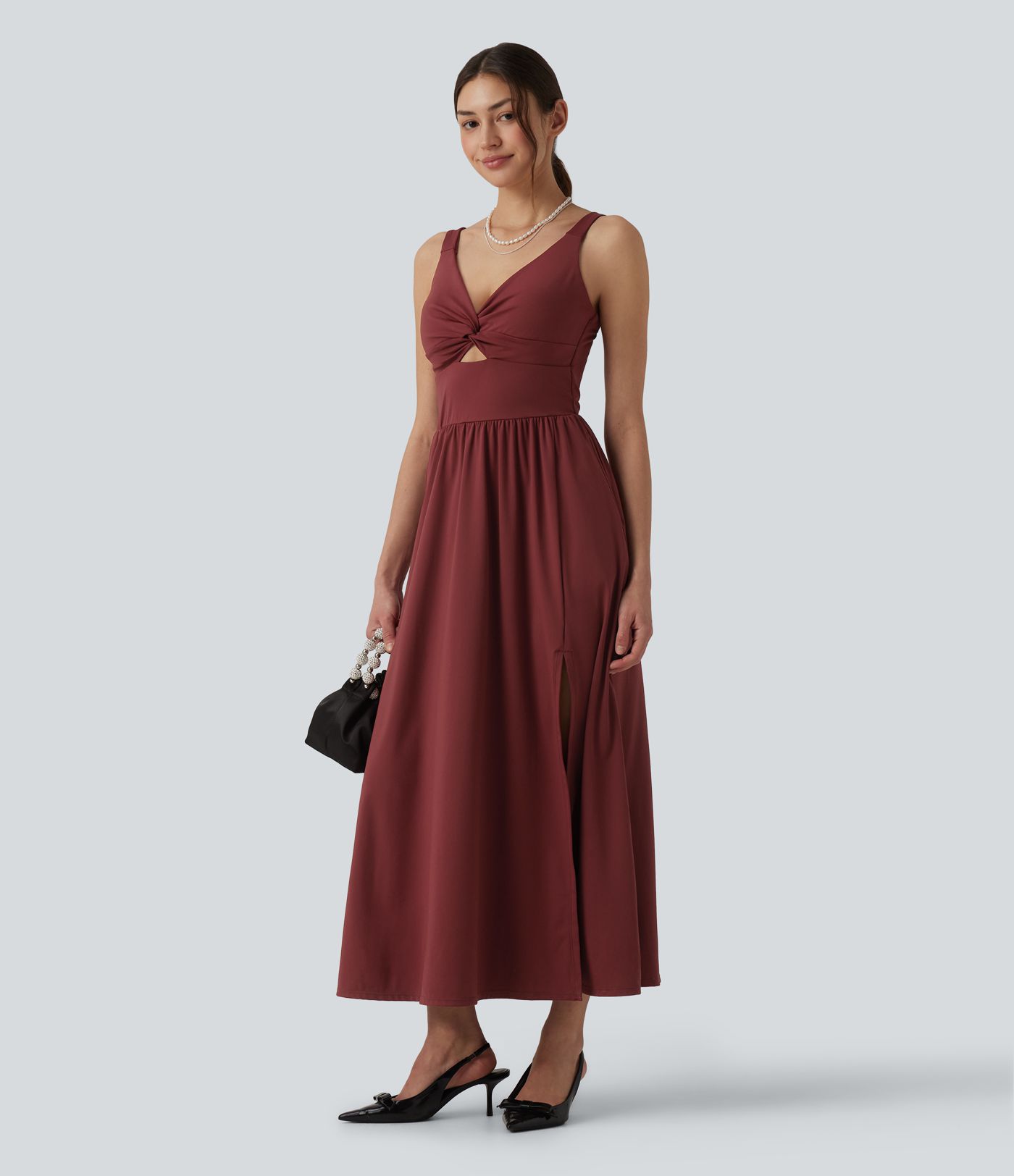 SoftlyZero™ Airy V-neck Twisted Sleeveless Split Midi Non-Removable Pad Cool Touch Party Dress with Pockets