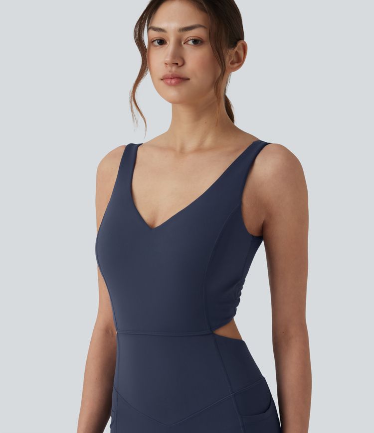 Halara UltraSculpt™ Non-removable pad Tummy Control Flare Workout Jumpsuit with Pockets-Easy Peezy Edition