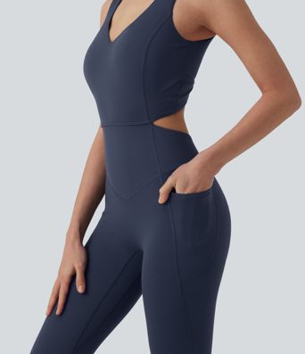 Halara UltraSculpt™ Non-removable pad Tummy Control Flare Workout Jumpsuit with Pockets-Easy Peezy Edition