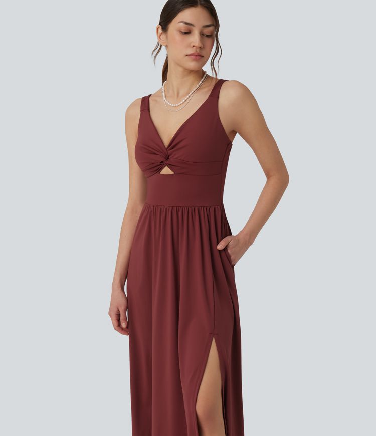 SoftlyZero™ Airy V-neck Twisted Sleeveless Split Midi Non-Removable Pad Cool Touch Party Dress with Pockets
