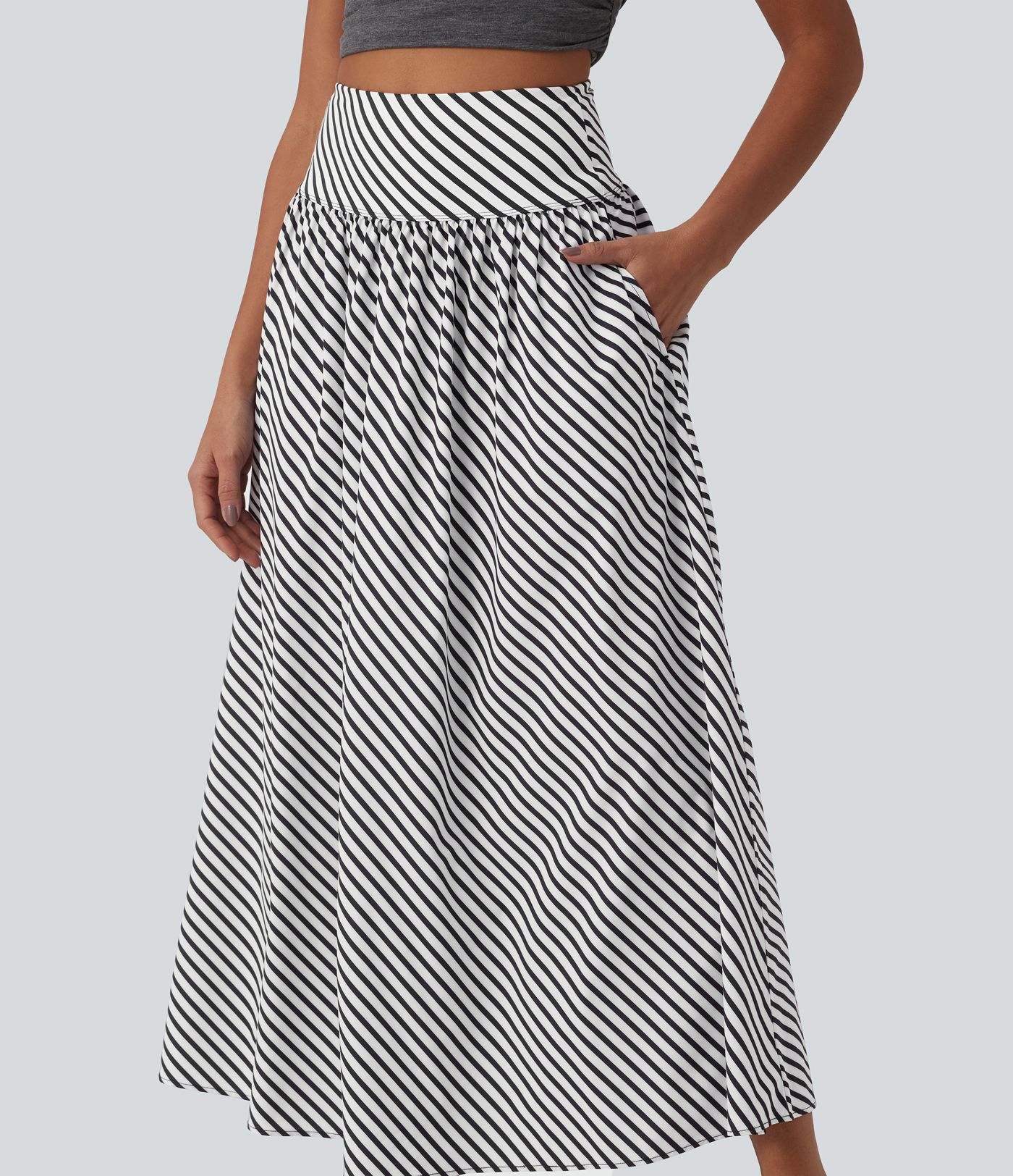 Lässiger, fließender Maxirock mit hohem Bund, Seitentaschen und Streifen