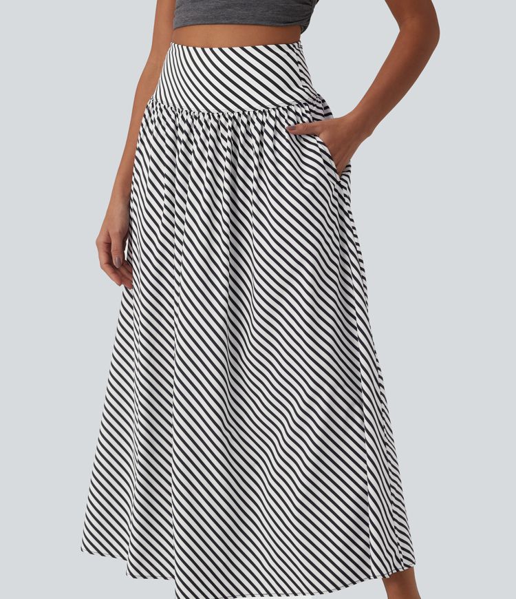 Lässiger, fließender Maxirock mit hohem Bund, Seitentaschen und Streifen