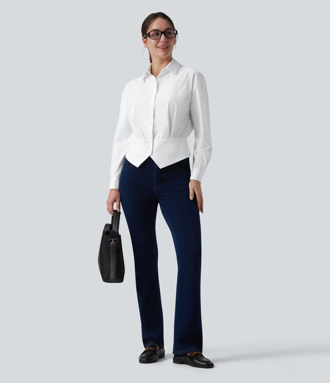 Collar Long Sleeve Adjustable Cinched Waist Work Shirt