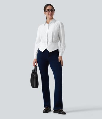 Collar Long Sleeve Adjustable Cinched Waist Work Shirt