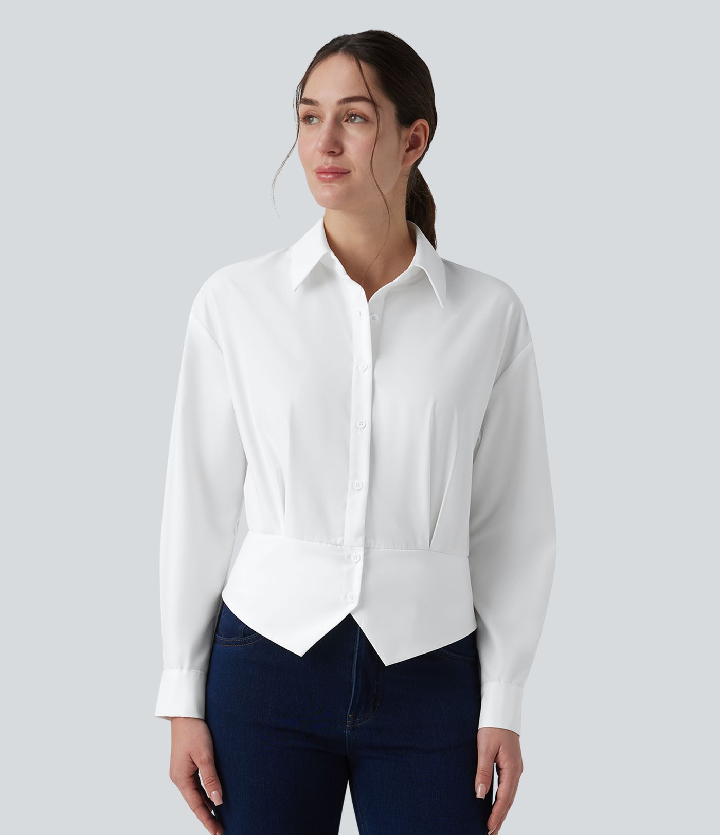 Collar Long Sleeve Adjustable Cinched Waist Work Shirt