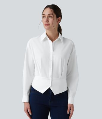 Collar Long Sleeve Adjustable Cinched Waist Work Shirt
