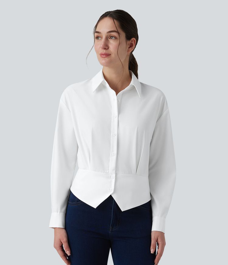 Collar Long Sleeve Adjustable Cinched Waist Work Shirt