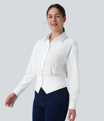 Collar Long Sleeve Adjustable Cinched Waist Work Shirt