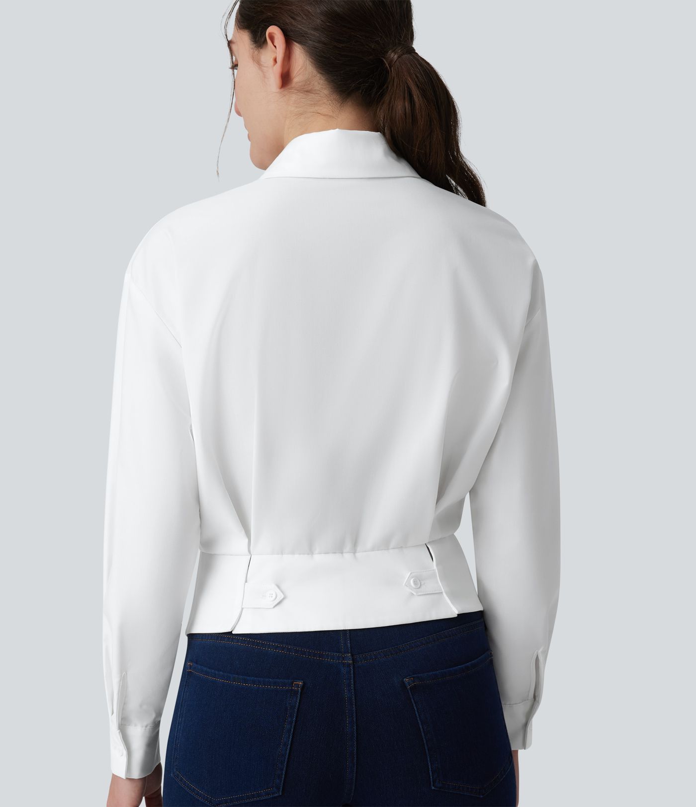 Collar Long Sleeve Adjustable Cinched Waist Work Shirt