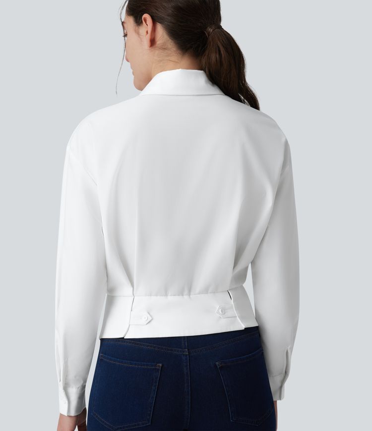 Collar Long Sleeve Adjustable Cinched Waist Work Shirt