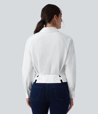Collar Long Sleeve Adjustable Cinched Waist Work Shirt