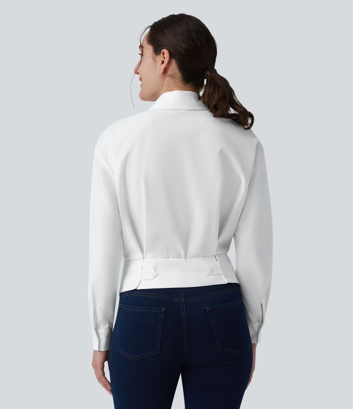 Collar Long Sleeve Adjustable Cinched Waist Work Shirt