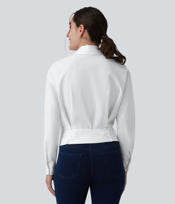 Collar Long Sleeve Adjustable Cinched Waist Work Shirt