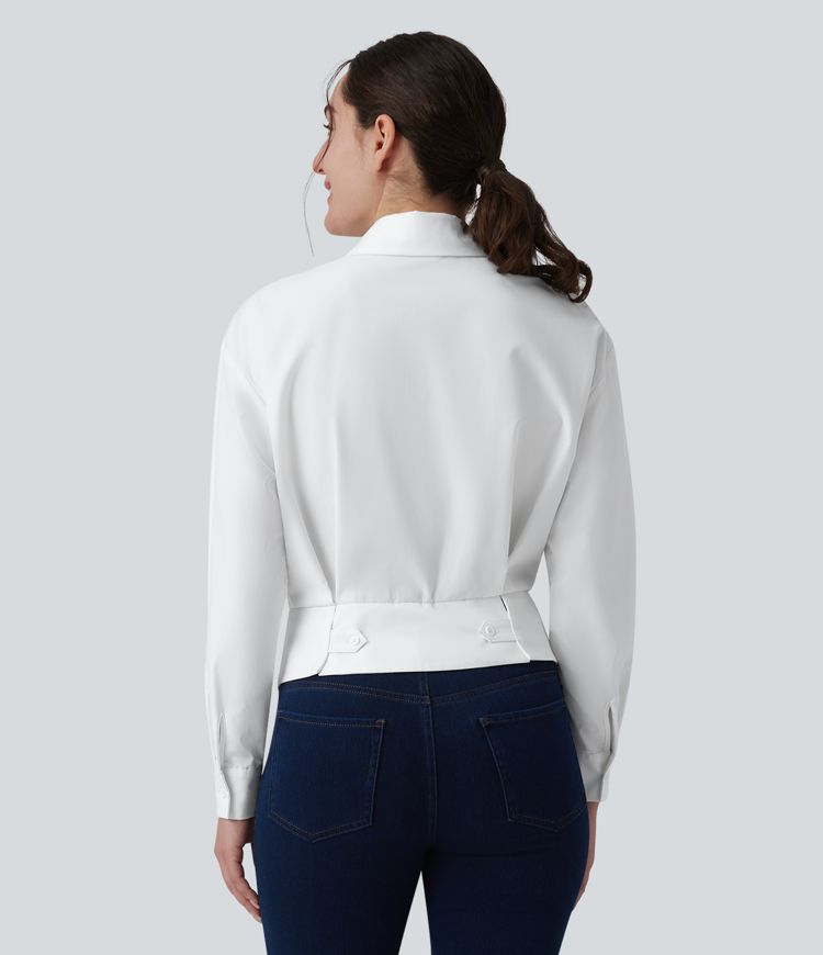 Collar Long Sleeve Adjustable Cinched Waist Work Shirt