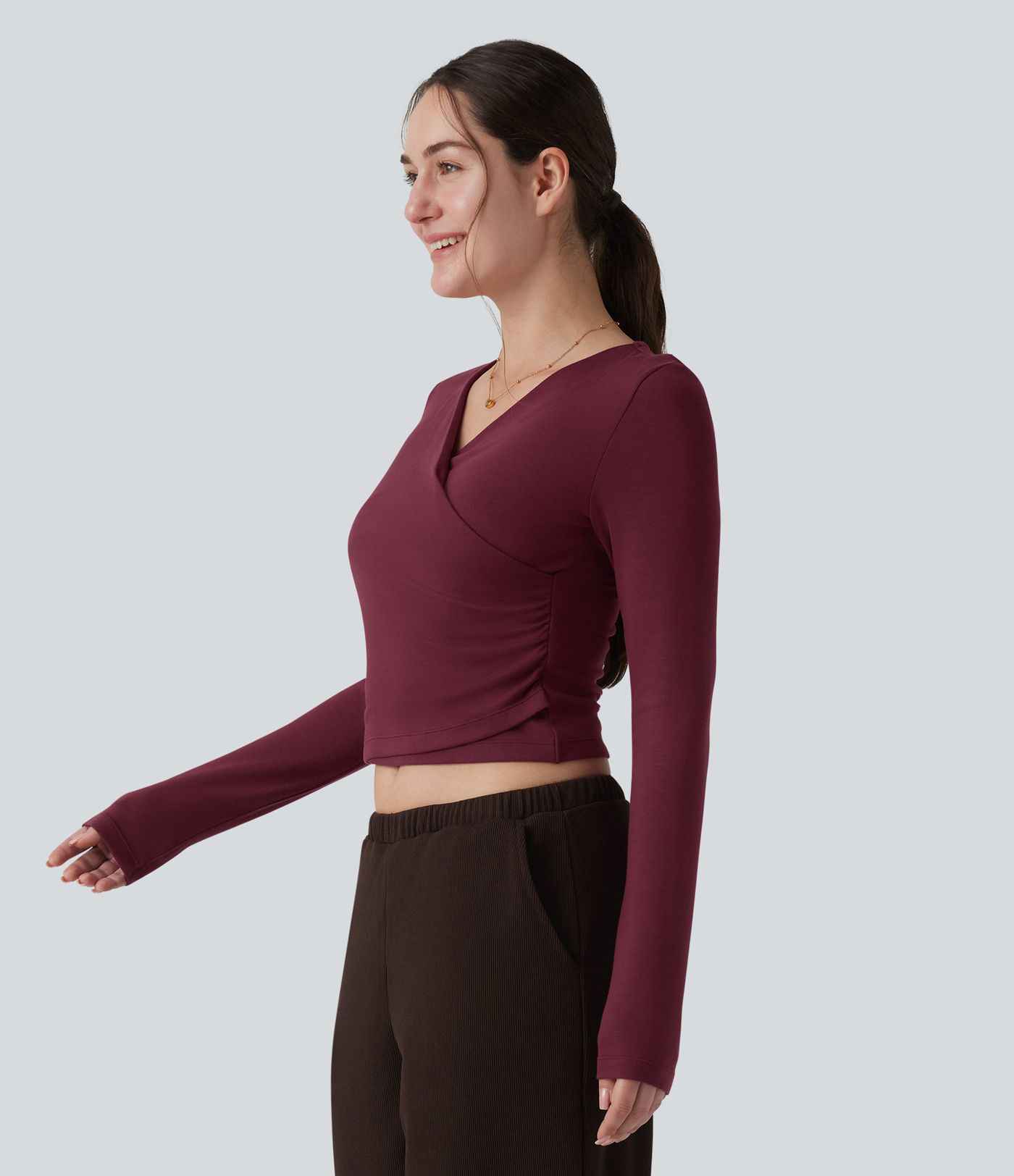 Halara HeatCore casual warming top with V-neck, long wrap sleeves and gathers