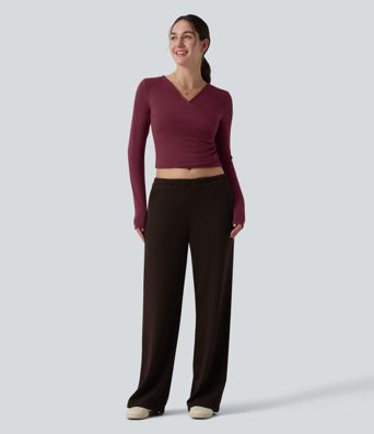 Halara HeatCore casual warming top with V-neck, long wrap sleeves and gathers