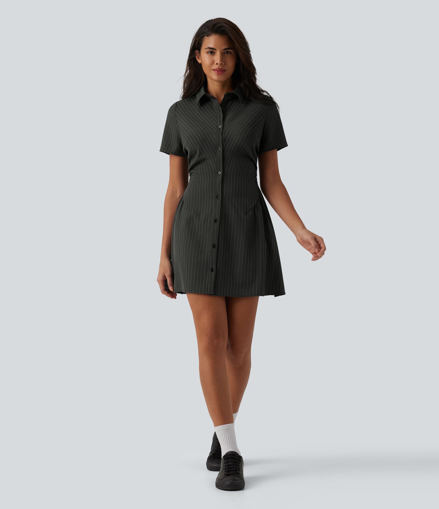 Collar Short Sleeve Shirred Ruched Cinched Waist Stripes Mini Casual Shirt Dress