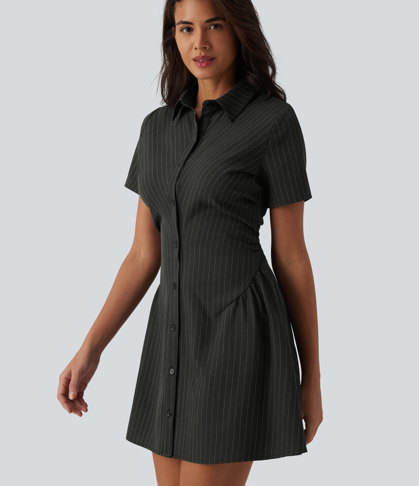 Collar Short Sleeve Shirred Ruched Cinched Waist Stripes Mini Casual Shirt Dress