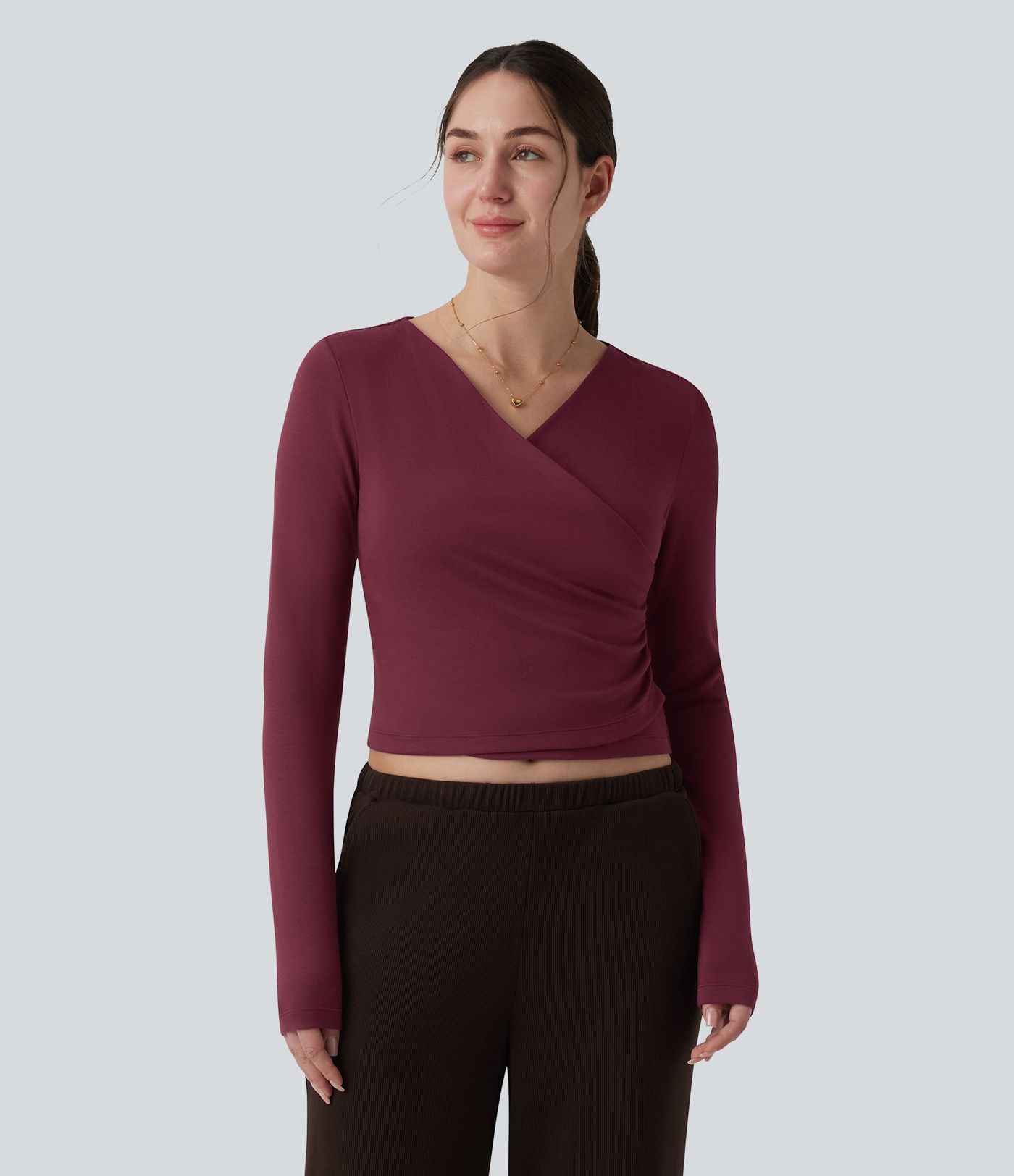 Halara HeatCore casual warming top with V-neck, long wrap sleeves and gathers