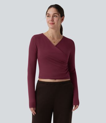 Halara HeatCore casual warming top with V-neck, long wrap sleeves and gathers