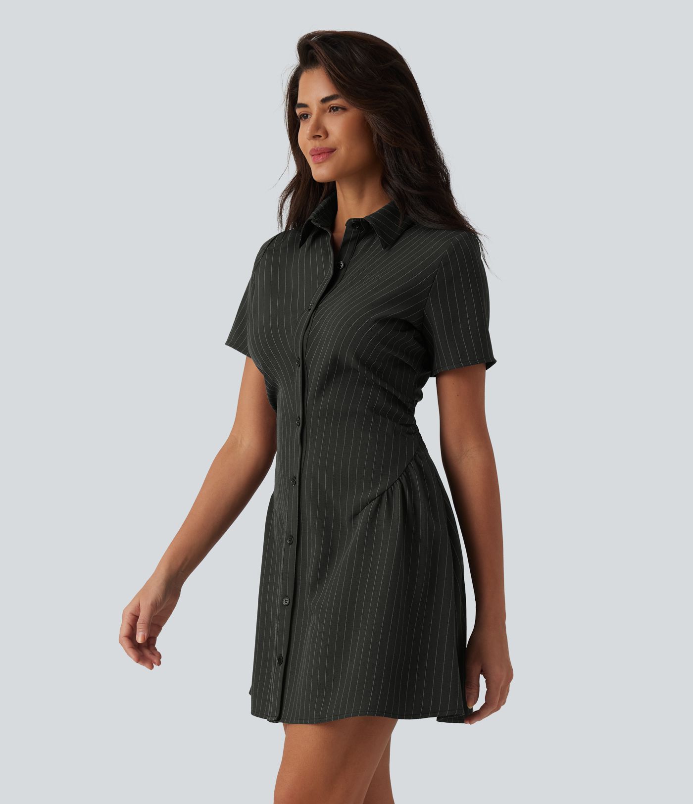 Collar Short Sleeve Shirred Ruched Cinched Waist Stripes Mini Casual Shirt Dress