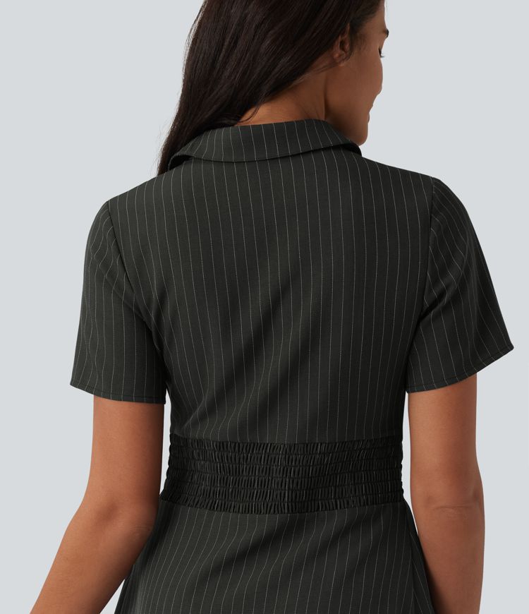 Collar Short Sleeve Shirred Ruched Cinched Waist Stripes Mini Casual Shirt Dress