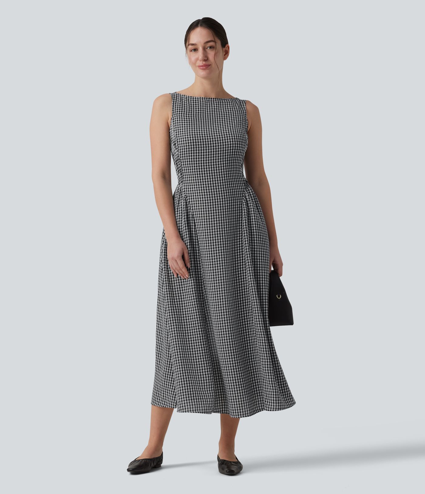 Boat Neck Sleeveless Plaid Flowy Maxi Casual Linen-Feel Dress with Pockets