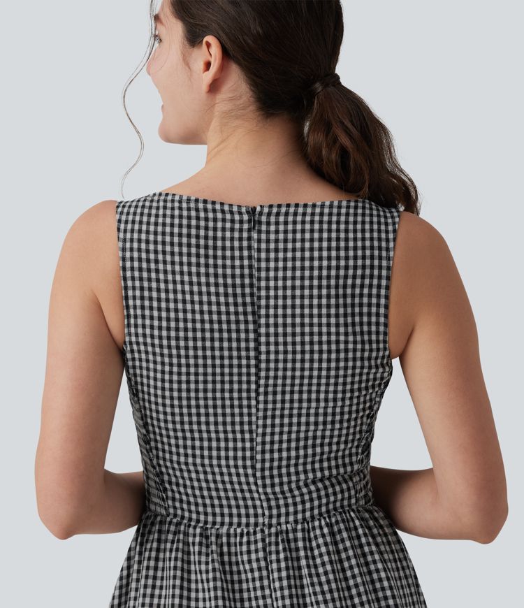 Boat Neck Sleeveless Plaid Flowy Maxi Casual Linen-Feel Dress with Pockets