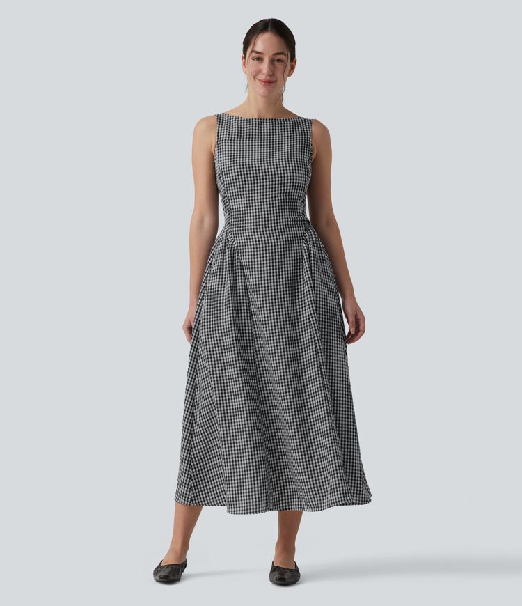 Boat Neck Sleeveless Plaid Flowy Maxi Casual Linen-Feel Dress with Pockets