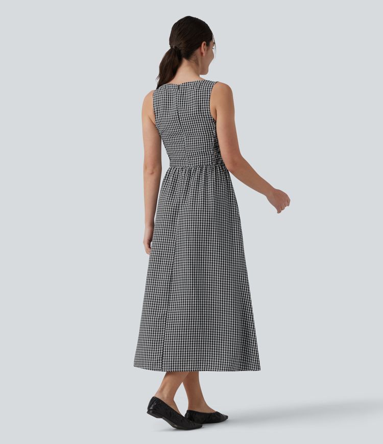 Boat Neck Sleeveless Plaid Flowy Maxi Casual Linen-Feel Dress with Pockets
