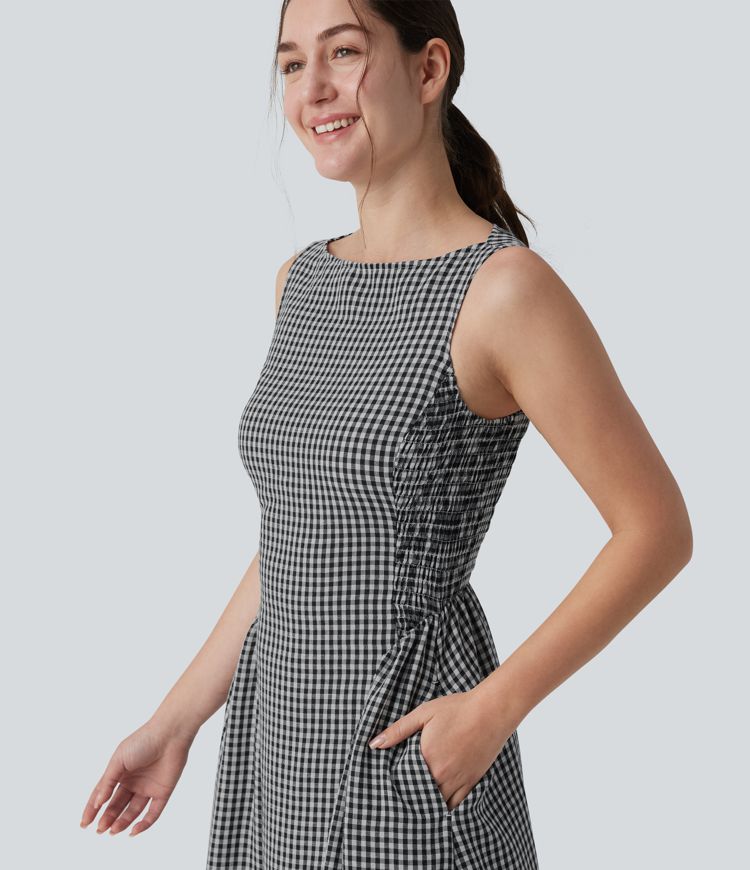 Boat Neck Sleeveless Plaid Flowy Maxi Casual Linen-Feel Dress with Pockets