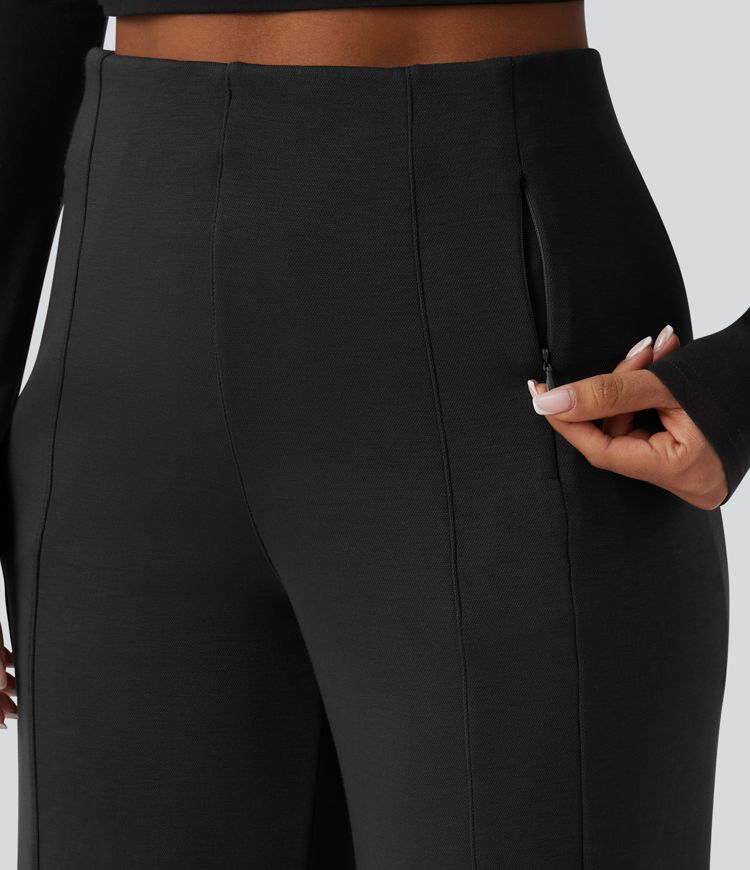 SpacerTek™ High Waisted Casual Wide Leg Pants with Zip Pockets