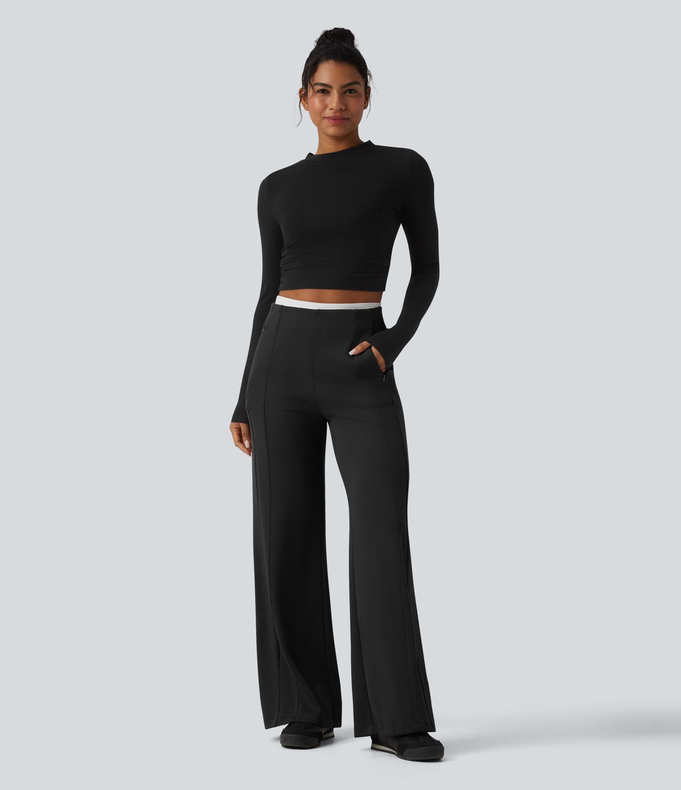 SpacerTek™ High Waisted Casual Wide Leg Pants with Zip Pockets