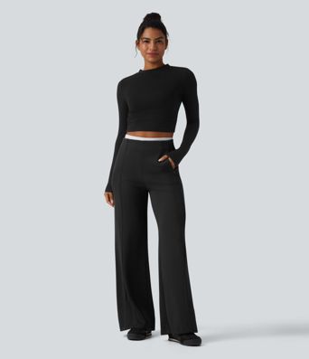 SpacerTek™ High Waisted Casual Wide Leg Pants with Zip Pockets