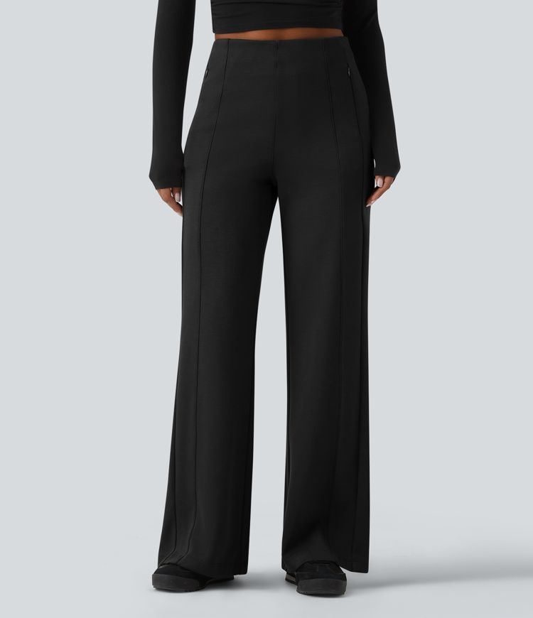 SpacerTek™ High Waisted Casual Wide Leg Pants with Zip Pockets