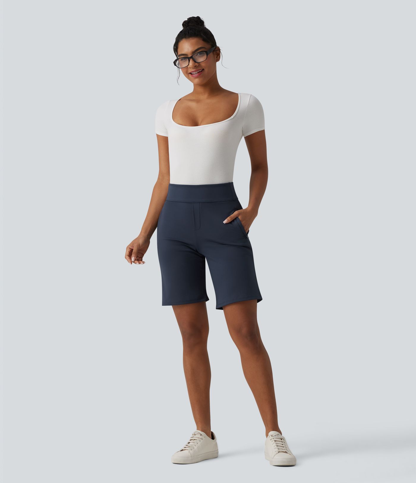 DayStretch High Waisted Work Baggy Shorts with Pockets