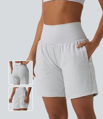 Super High Waisted 2-in-1 Stripe Yoga Shorts 7'' with Pockets