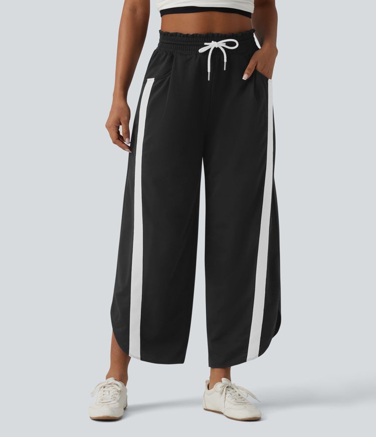 Lässige Jogginghose mit hohem Bund, mehreren Taschen, Kordelzug, Farbblock und abgerundetem Saum