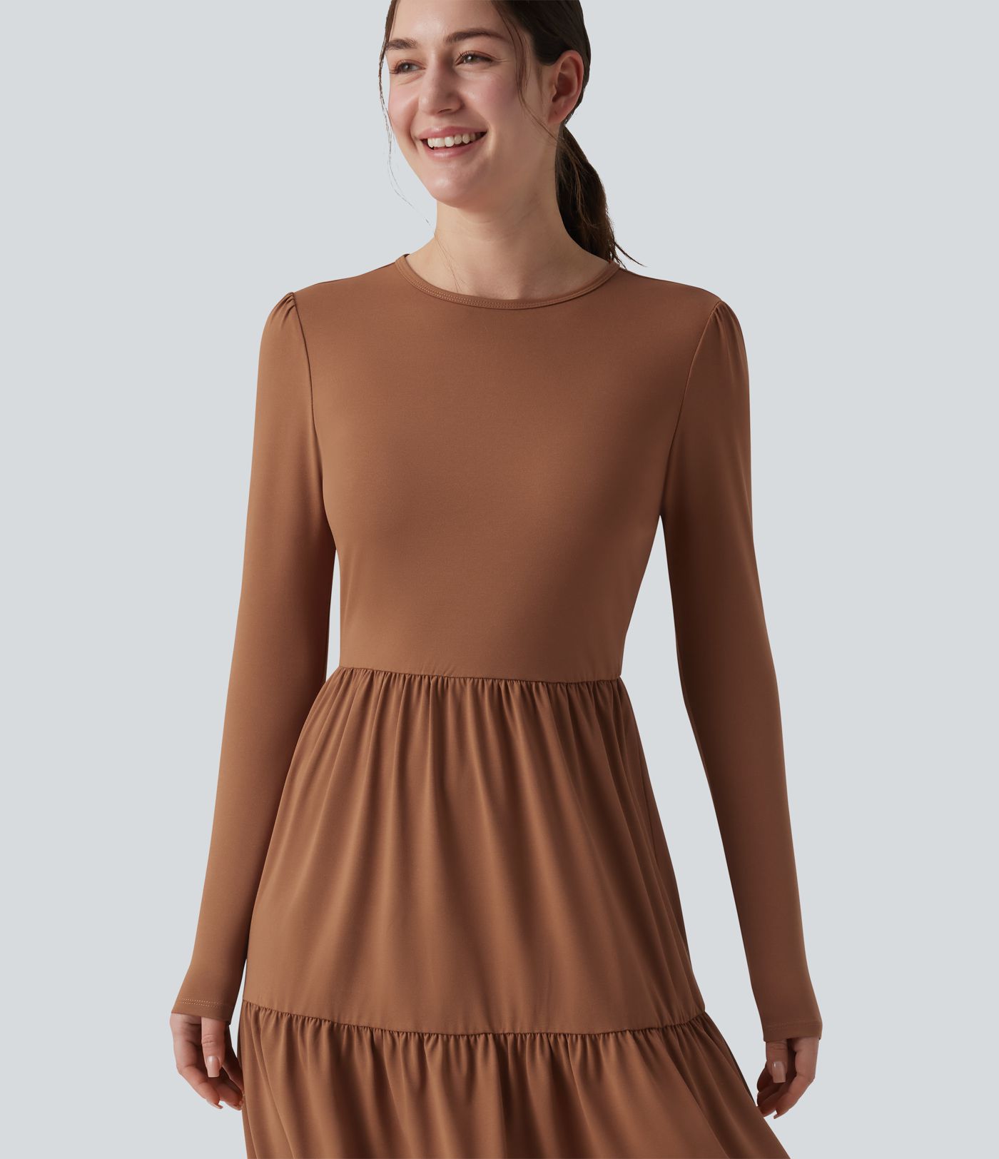 Round Neck Long Sleeve Tiered Hem Midi Work Dress