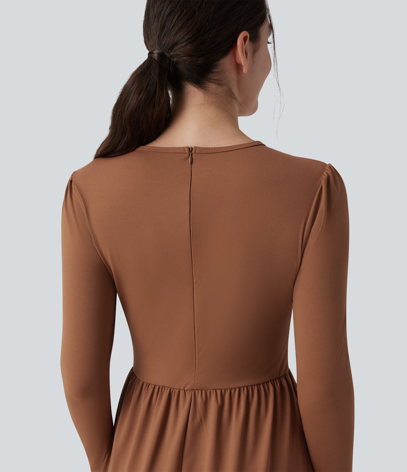 Round Neck Long Sleeve Tiered Hem Midi Work Dress